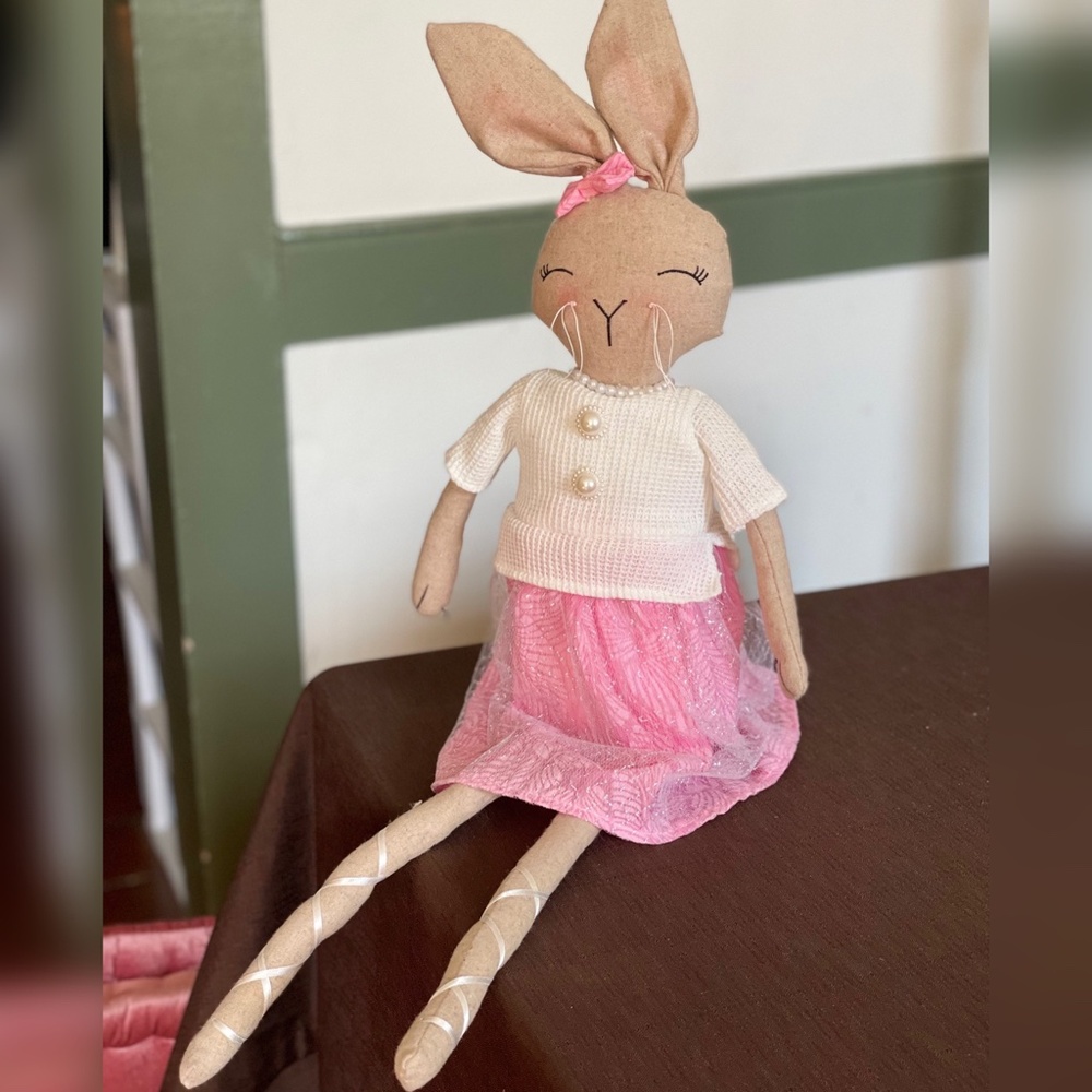 Sweet Sitting Bunny Pearls Tulle Skirt Plush Weighted Bottom Wired Ears